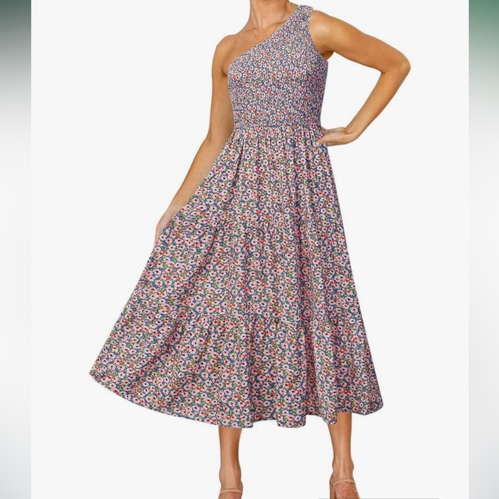 ZCSIA One-Shoulder Smocked Floral Maxi Dress (Size S)